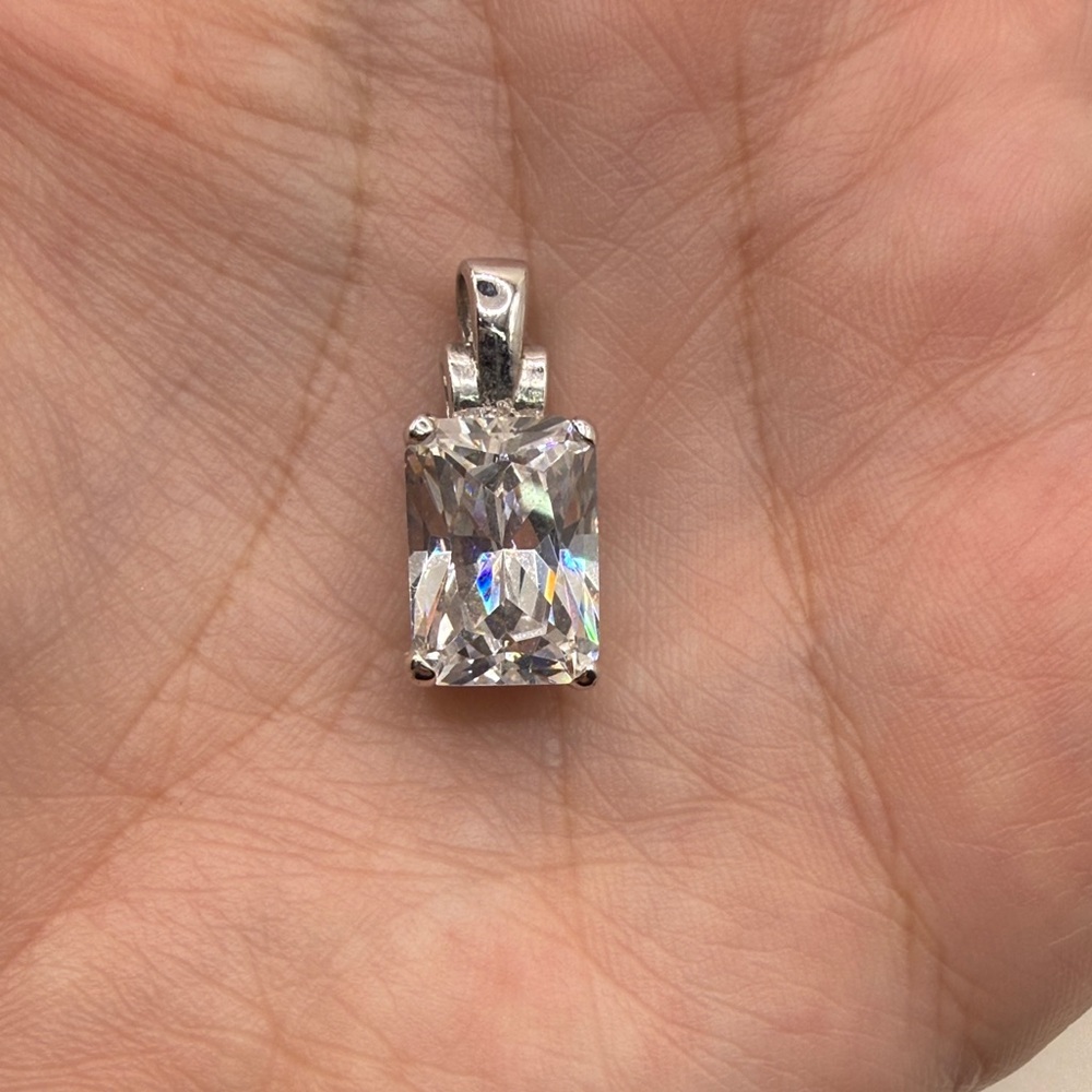 Silver Tone Edco Pendant Clear Crystal Gemstone Rectangle Costume Jewelry